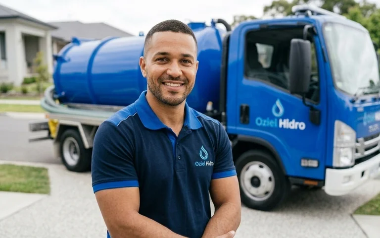 Técnico uniformizado da Oziel Hidro Desentupidora