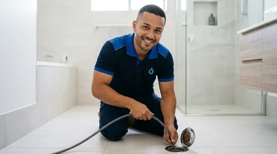 Técnico da Oziel Hidro Desentupidora realizando desentupimento de ralo