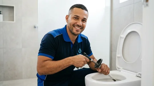 Técnico da Oziel Hidro Desentupidora realizando desentupimento de vaso sanitário